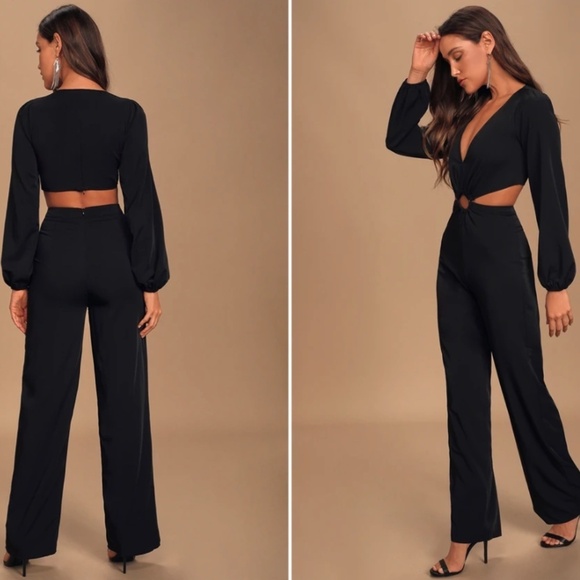 LULU's Wedding Formal Sexy Elegant Classy Long Sleeve Satin Pantsuit Jumpsuit - Picture 5 of 7